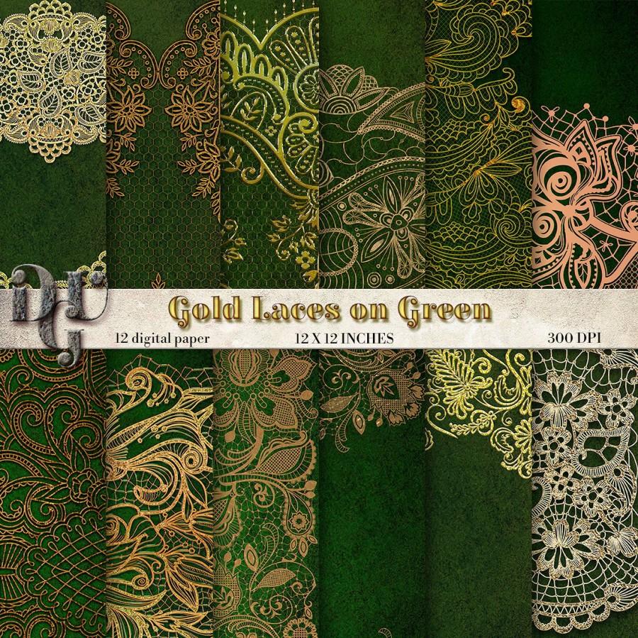 Wedding - Gold Lace & Green Velvet Digital Paper Vintage golden Lace Velvet background INSTANT DOWNLOAD Green Gold  Digital Scrapbook Paper Pack # 152