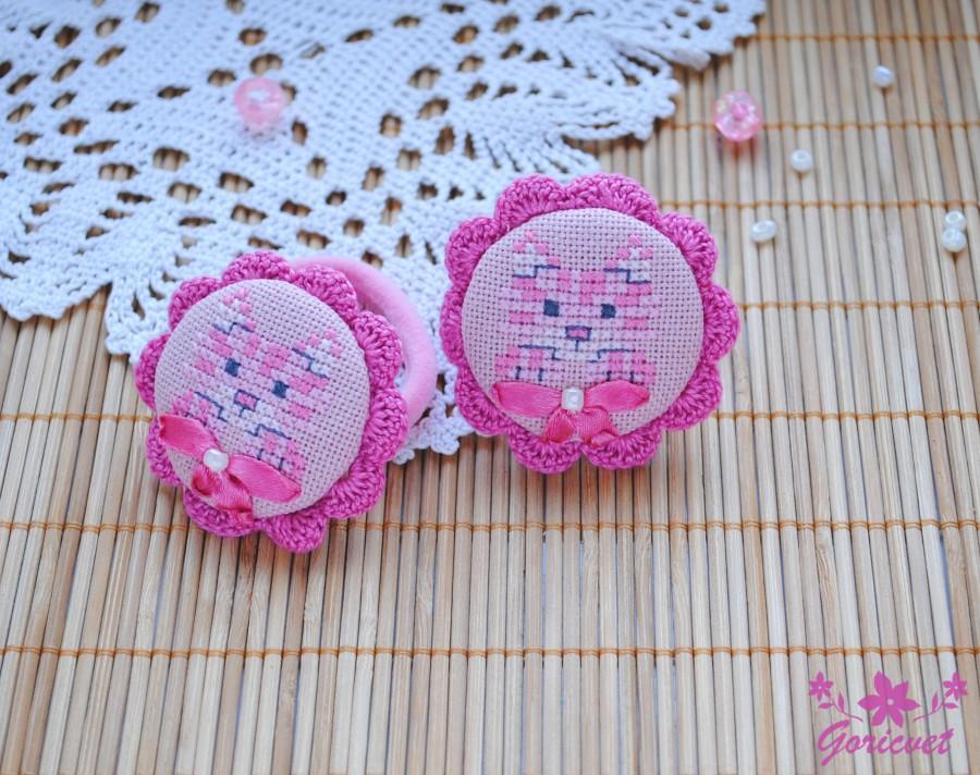 Wedding - Unique gift for girl Hair bow Elastic hair accessory Hand embroidered gift for daughter Pink hair bow Kids accessory Funny cat baby hair bow