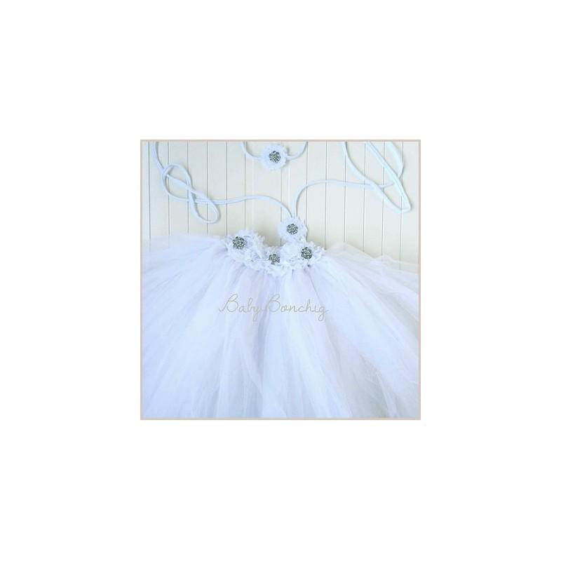 Mariage - Flower girl dress white diamonte tutu tulle wedding birthday christening baptism - Hand-made Beautiful Dresses