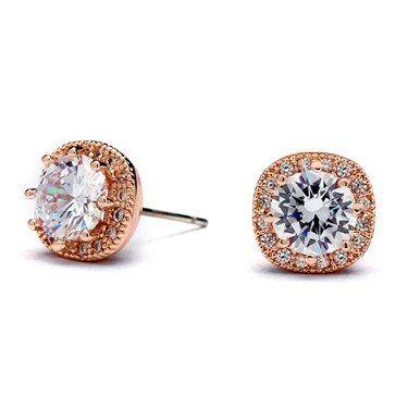 Mariage - Rose Gold 1CT Round Cut Russian Lab Diamond Halo Stud Earrings
