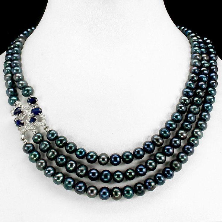 Hochzeit - A Vintage Tahitian Black Pearl Blue Sapphire Russian Lab Diamond Wedding Necklace