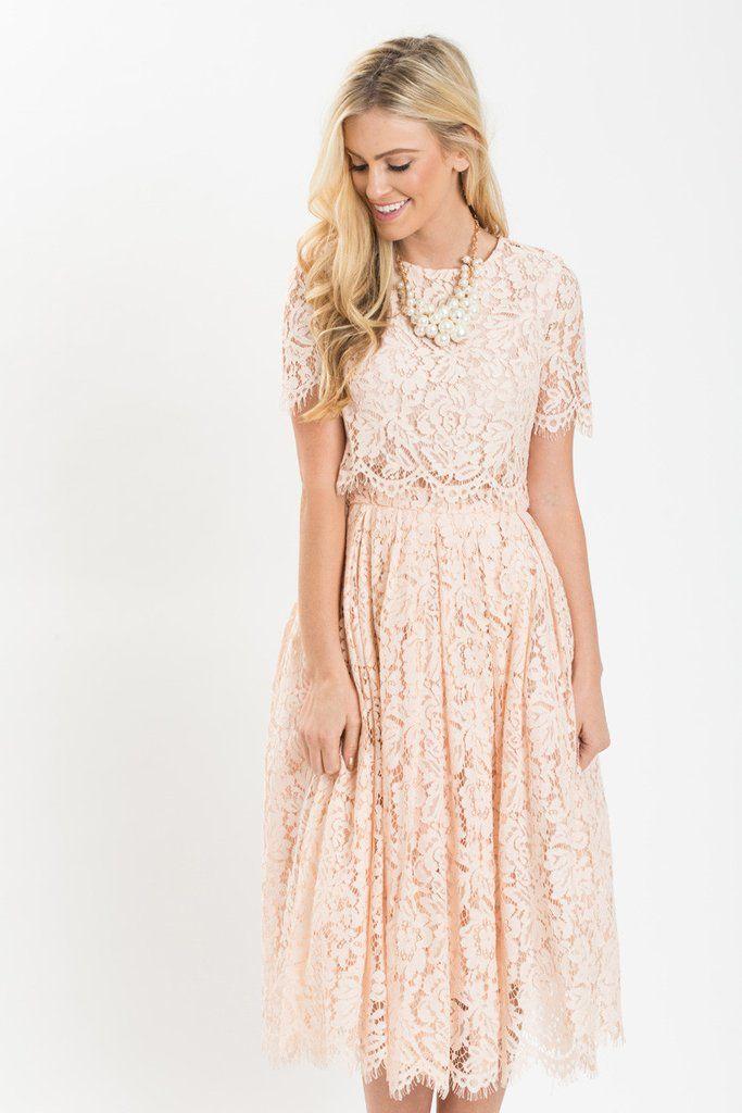 Hochzeit - Fleur Blush Pink Lace Midi Dress