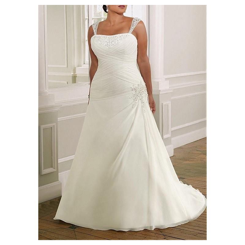 زفاف - Delicate Chiffon A-line Square Neckline Plus Size Wedding Dress With Lace Appliques,Beadings and Manmade Diamonds - overpinks.com