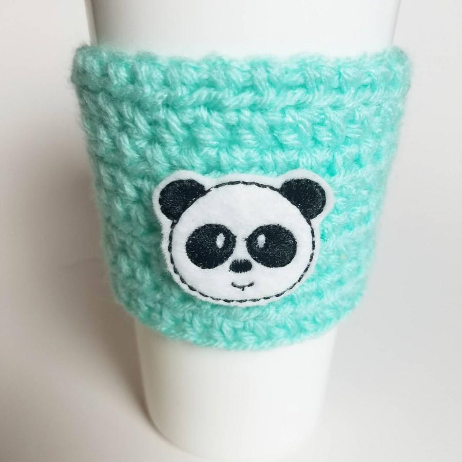 Hochzeit - Panda Drink Sleeve, Pastel Mint Crochet Cozy, Birthday Gift for Spouse Who Drinks Coffee, Handmade With Acrylic Yarn, Made in U.S.A.