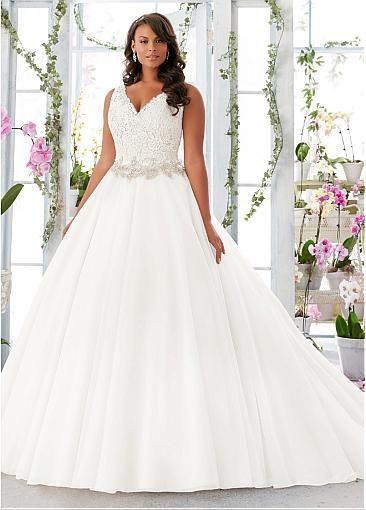 زفاف - [169.99] Marvelous Organza Satin V-neck Neckline A-line Plus Size Wedding Dresses With Lace Appliques - Dressilyme.com