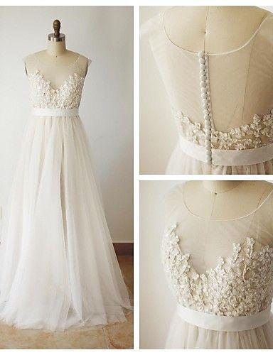 زفاف - A-line Wedding Dress - Chic & Modern Wedding Dress In Color Sweep / Brush Train Scoop Tulle With Beading Button Sash / Ribbon Appliques