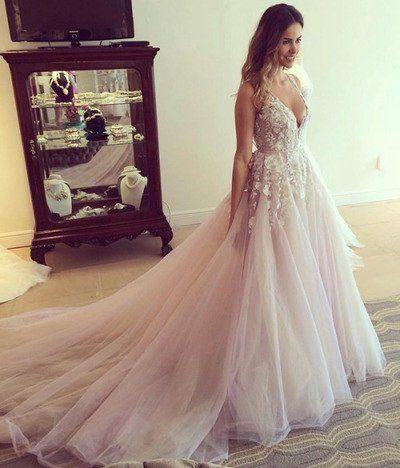 Hochzeit - Gorgeous A-line Tulle Long Bridal Gowns,Deep V-Neck Wedding Dresseses