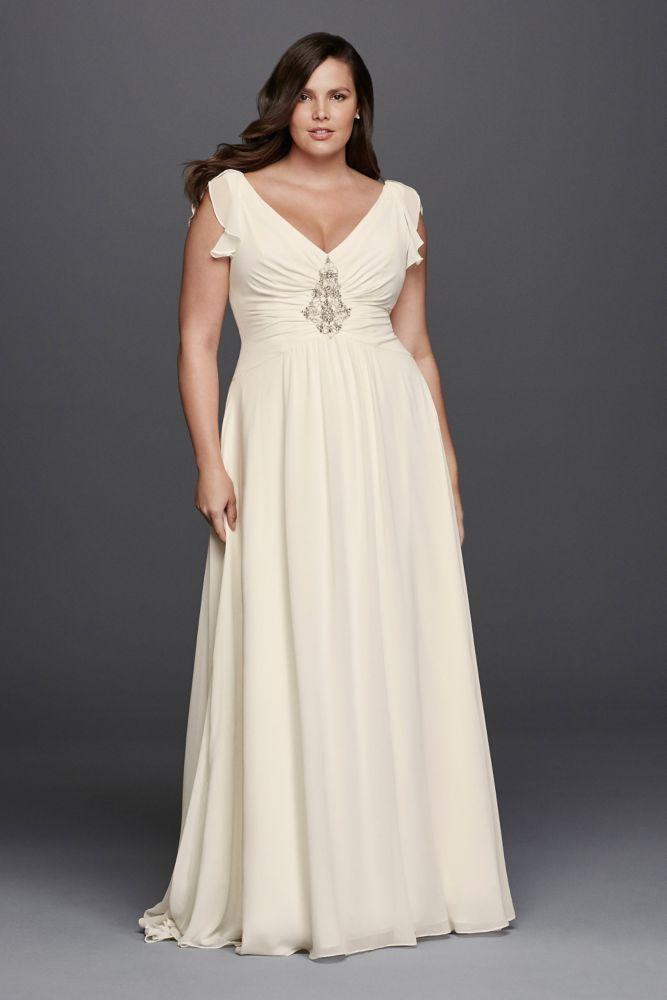 Wedding - Plus Size Flutter Cap Sleeve Beaded Wedding Dress