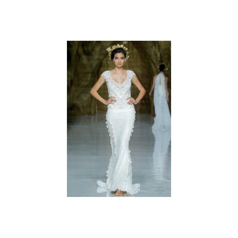 Hochzeit - Pronovias SP14 Dress 16 - Full Length Spring 2014 Pronovias White Fit and Flare V-Neck - Nonmiss One Wedding Store