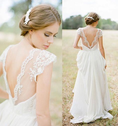 زفاف - Details About Vintage Cap Sleeve Lace Chiffon V Neck Beach White Ivory Wedding Dress Custom