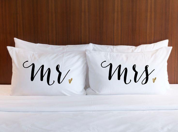Wedding - Mr Mrs Pillowcases Gift For Couples Black Gold Glitter, Gift For Bride Wedding Gift Shower Or Christmas Gift (Item - PMM400)
