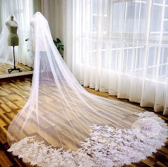 Hochzeit - One Layer Soft Bridal Illusion Tulle Cathedral Veil With Alencon Lace