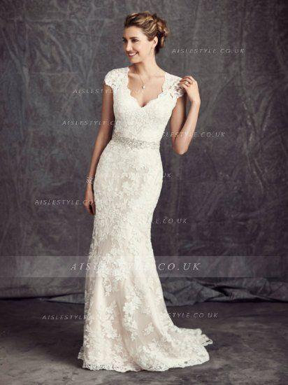 Mariage - Off Shoulder Short Sleeve Long A-line Lace Beach Wedding Dress