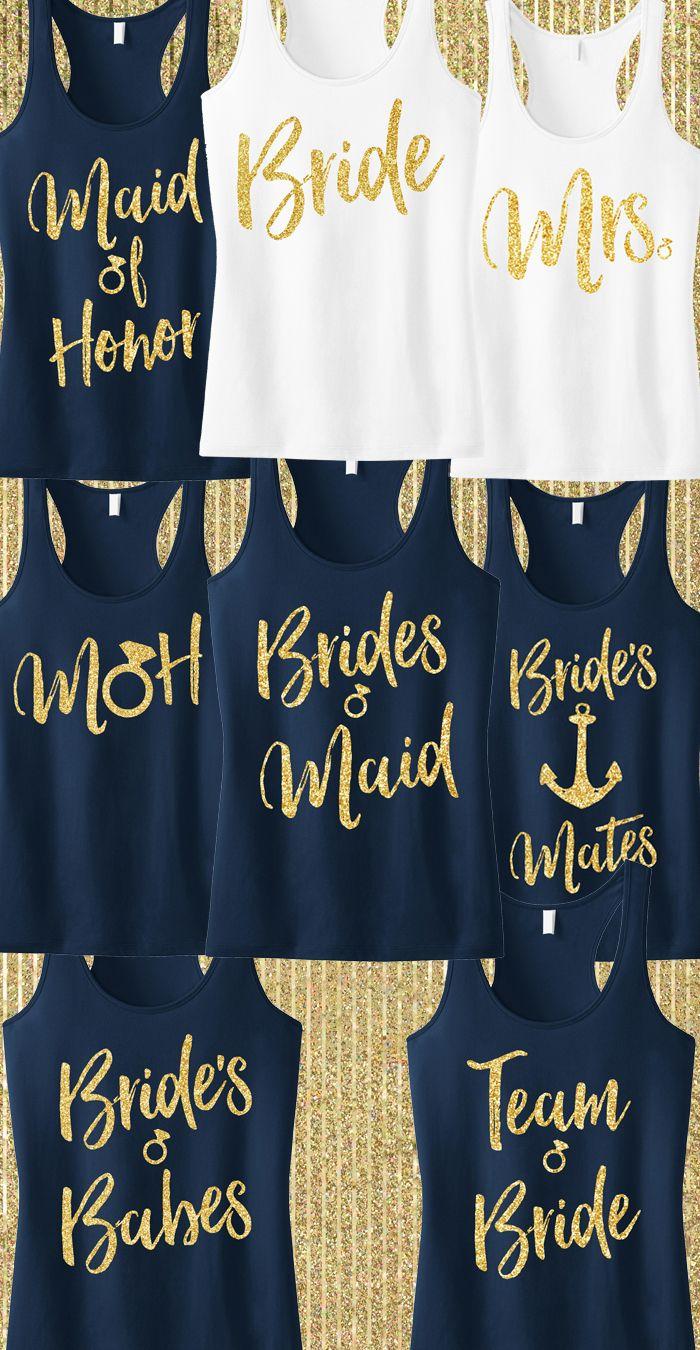 Wedding - Bridesmaid Script Tank Top With Gold Glitter - Pick Color