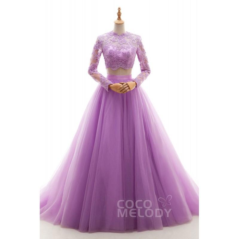 زفاف - Stylish Crop Top Illusion Natural Court Train Tulle Violet Long Sleeve Zipper Wedding Dress - Top Designer Wedding Online-Shop