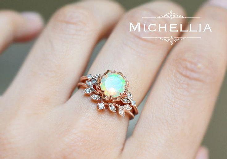 زفاف - Vintage Opal Floral Engagement Ring With Diamond, Solid Gold Ethiopian Fire Opal Ring Set, Opal Promise Ring, Rose Gold Yellow White Gold