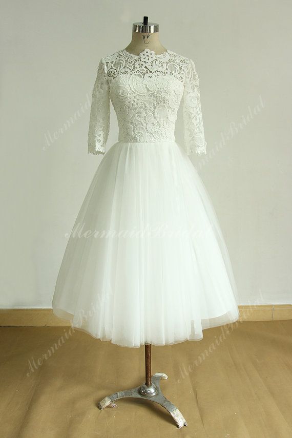 Hochzeit - Vintage Tea Length Ivory Tulle Lace Wedding Dress With Mid Sleeves