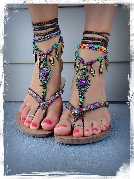 Свадьба - Woodland FAIRY BAREFOOT Sandals Purple Forest Green Tribal ANKLETS Gypsy Sandal Garden Wedding Toe Ankle Bracelet Nature Jewelry GPyoga