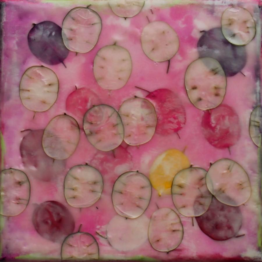 Mariage - Encaustic, shellac, Abstract, honesty, 8x8 art painting, acrylic, pink, contemporary art, Paper, painting, mixed media, wall art, artworks 