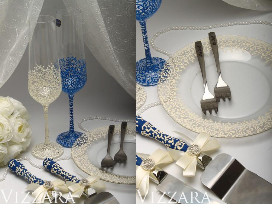 زفاف - wedding cake set navy blue knife for cake server champagne flutes champagne glasses wedding forks plate wedding forks and plate Wedding Set