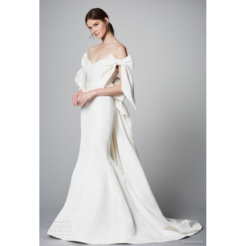 Wedding - Marchesa Spring/Summer 2018 Ivory Open Back Chapel Train Short Sleeves Off-the-shoulder Mermaid Bow Satin Wedding Gown - Charming Wedding Party Dresses