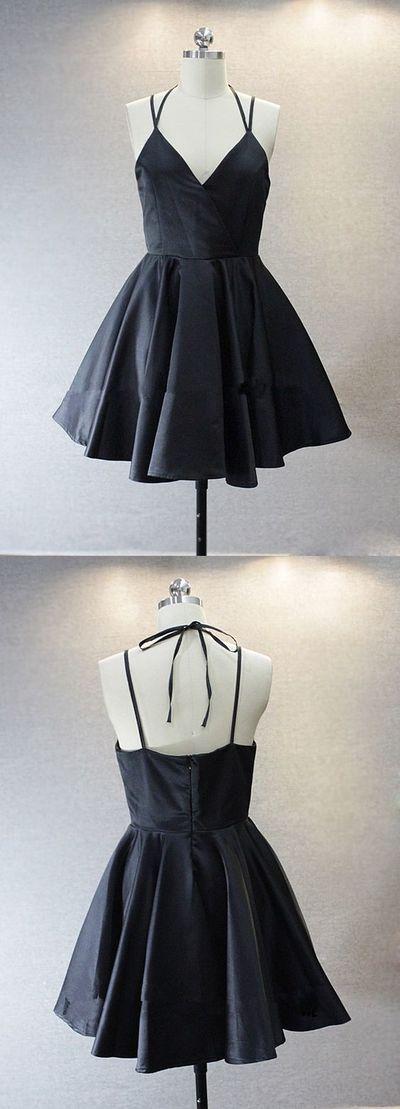 زفاف - Simple V-neck Sleeveless Short Black Taffeta Homecoming Dress With Spaghetti Straps From DestinyDress