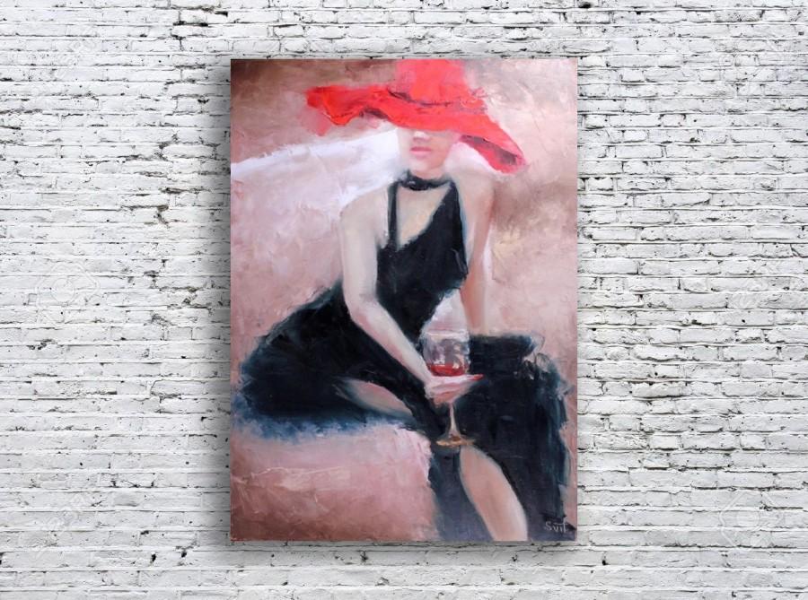 Свадьба - woman in red art hat painting canvas art OOAK oil painting  black dress romantic decor gift/idea/for/him boss gift office decor wall й10