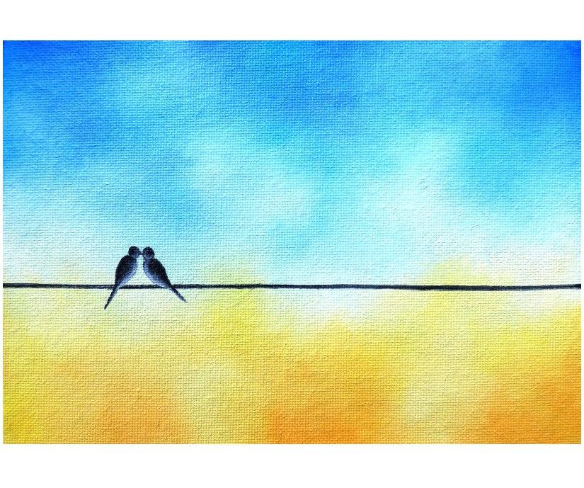 زفاف - Love Birds on a Wire Art, Love Bird Painting, ORIGINAL Oil Painting, Whimsical Art Kissing Birds, Yellow & Blue Art, Silhouette Art, 5x7