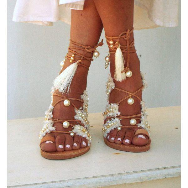 Hochzeit - Afrodite Bridal Flat Sandals, White Beach Wedding Sandals, Fringe, Pearl Sandals, Greek Sandals, Barefoot Sandal, Genuine Leather Shoes