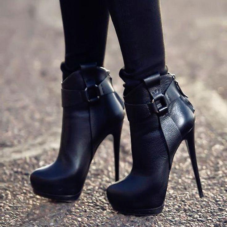 Mariage - Black Patchwork Buckle Extreme High Heel Ankle Boots