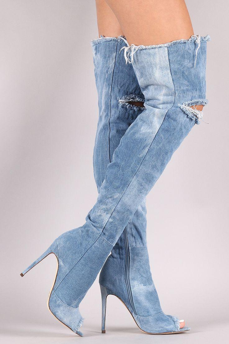 Mariage - Liliana Destroyed Denim Stiletto Over-The-Knee Boots