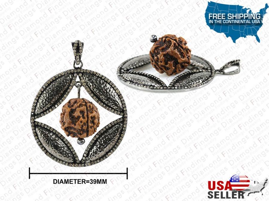 Mariage - Rudraksha Bead Pendant, Cut Out Pave Diamond Pendant with Rudraksha Bead in 925 Sterling Silver, Hammered Silver Pendant