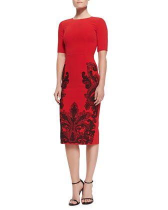 Hochzeit - Andrew Gn Embroidered-Skirt Sheath Dress, Red