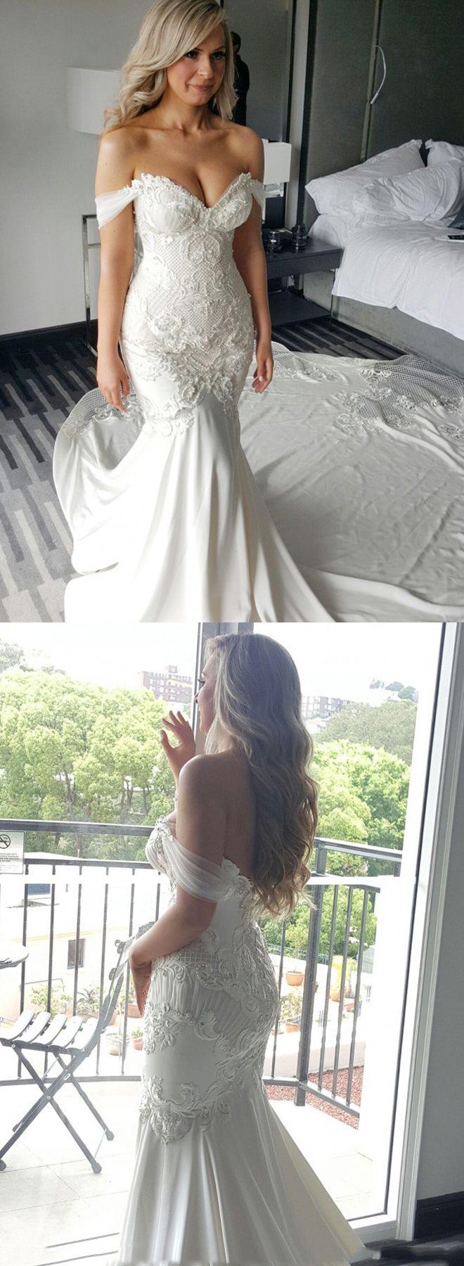 Wedding - Luxurious Off Shoulder Chapel Train Mermaid Wedding Dress With Lace Appliques Pearls