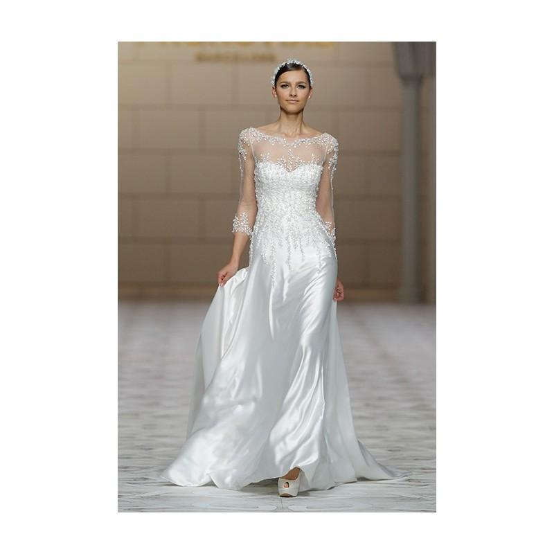 زفاف - Pronovias - Fall 2015 - 3/4 Sleeve Satin Sheath Illusion Bateau Wedding Dress - Stunning Cheap Wedding Dresses