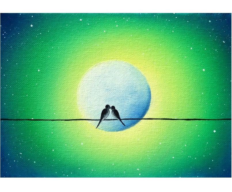 Mariage - Whimsical Love Birds on a Wire Art, Silhouette Love Birds Painting, Starry Green Night, Moon Art, ORIGINAL Oil Painting, Lover's Kiss, 5x7