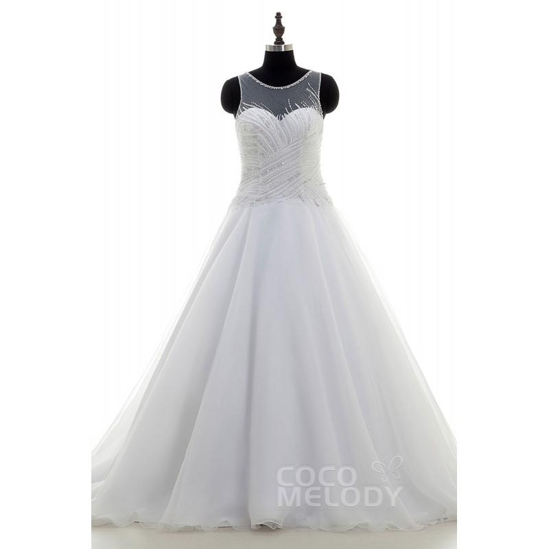 Wedding - Chic A-Line Illusion Court Train Organza Ivory Sleeveless Wedding Dress Beading LD3219 - Top Designer Wedding Online-Shop