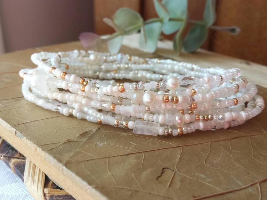 زفاف - Venus Pearl, Moonstone and Crystal Extra Long Seed Bead Wrap Bracelet  - Wear as Necklace Bracelet and More