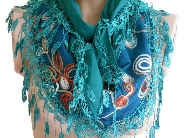 Wedding - Green Scarf Women's Fashion ethnic scarf Embroidered scarf Gift ideas Trend scarf triangle scarf Gifts for her Female Shawl Pareo