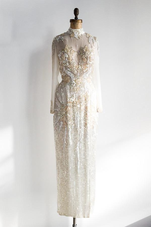 زفاف - 1980s Cream Silk Beaded Gown - S/M