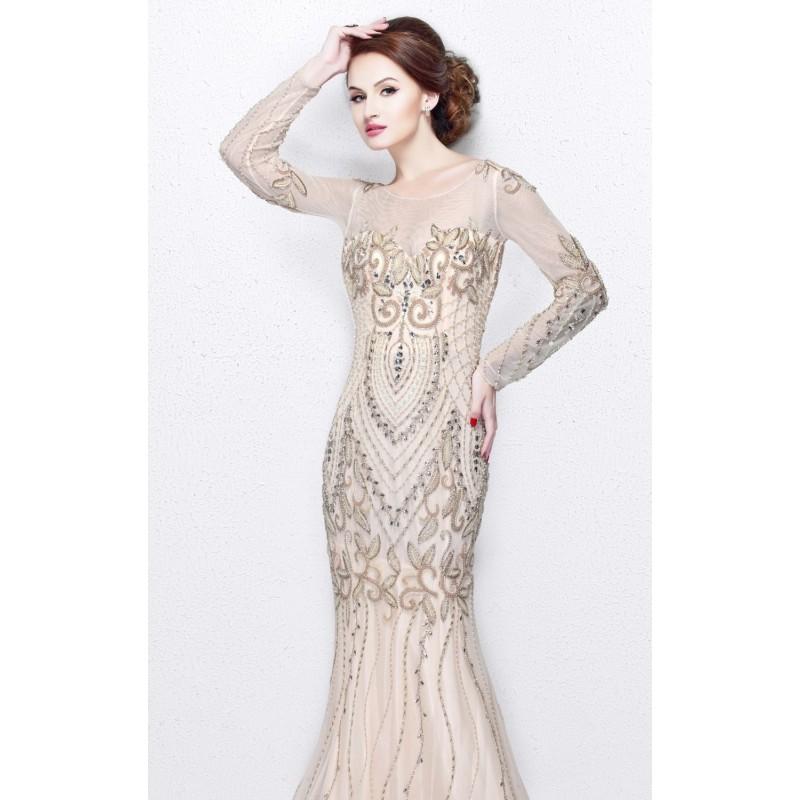 Mariage - Nude Long Sleeved Beaded Gown by Primavera Couture - Color Your Classy Wardrobe