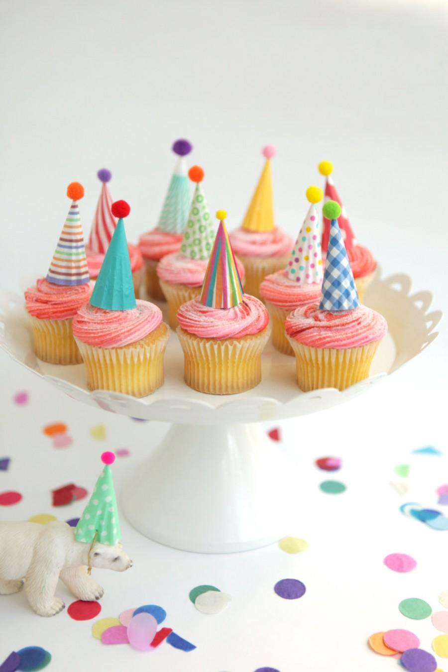 Hochzeit - 12 mini party hat cupcake toppers - brights