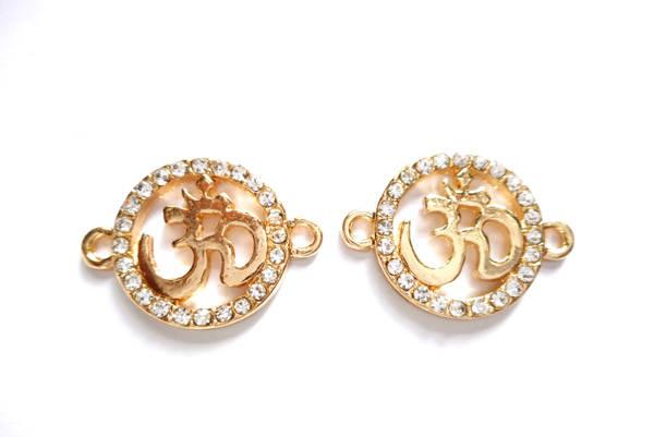 Wedding - 2 Gold Plated Om Connectors With Clear Rhinestones - 3-1