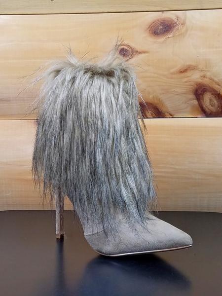 Wedding - Cape Mini Furry Ankle Boot Pointy Toe FX Fur 4" Heel Nude Beige