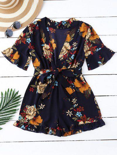 Mariage - Bell Sleeve Floral Plunging Neck Romper