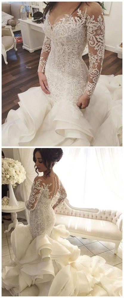 Свадьба - Vestido De Noiva Vintage Wedding Dresses With Sheer Long Sleeves Mermaid Appliques Lace Tulle Vestido Longo Bridal Gowns