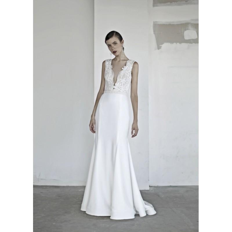 Wedding - Oui the Label 2017 Jagger Jumpsuit Elegant Chapel Train Ivory Sleeveless V-Neck Sheath Satin Embroidery Dress For Bride - Branded Bridal Gowns