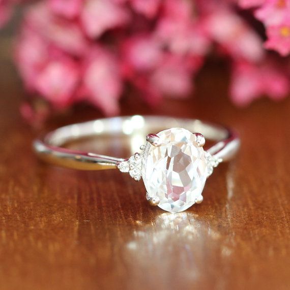 Wedding - Gold Solitaire White Sapphire Engagement Ring 3 Stone Gemstone Wedding Band 10k White Gold Anniversary Ring, Size 7 (Resizable)