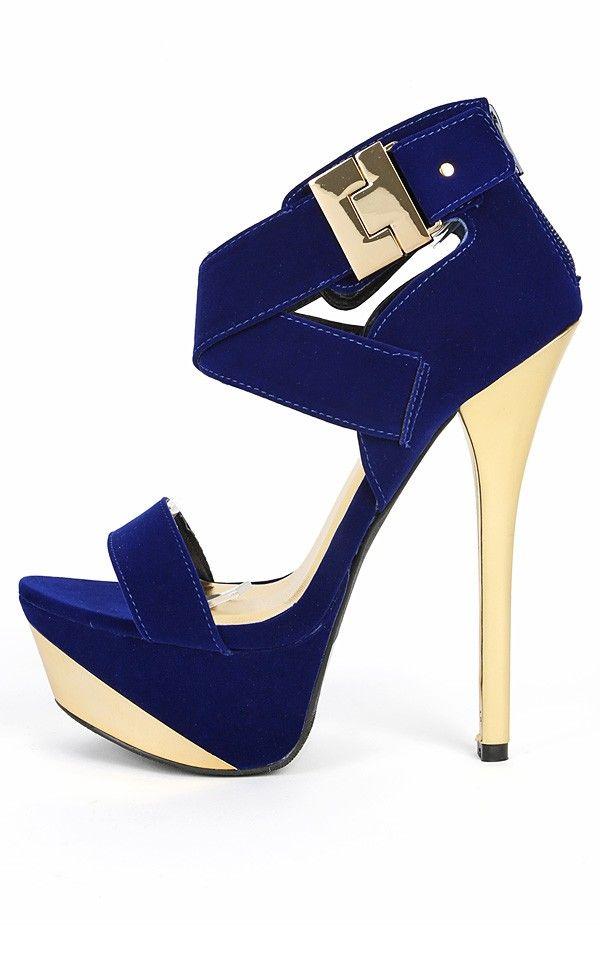 زفاف - Qupid Count-27 Royal Blue Buckle Velvet Heels 