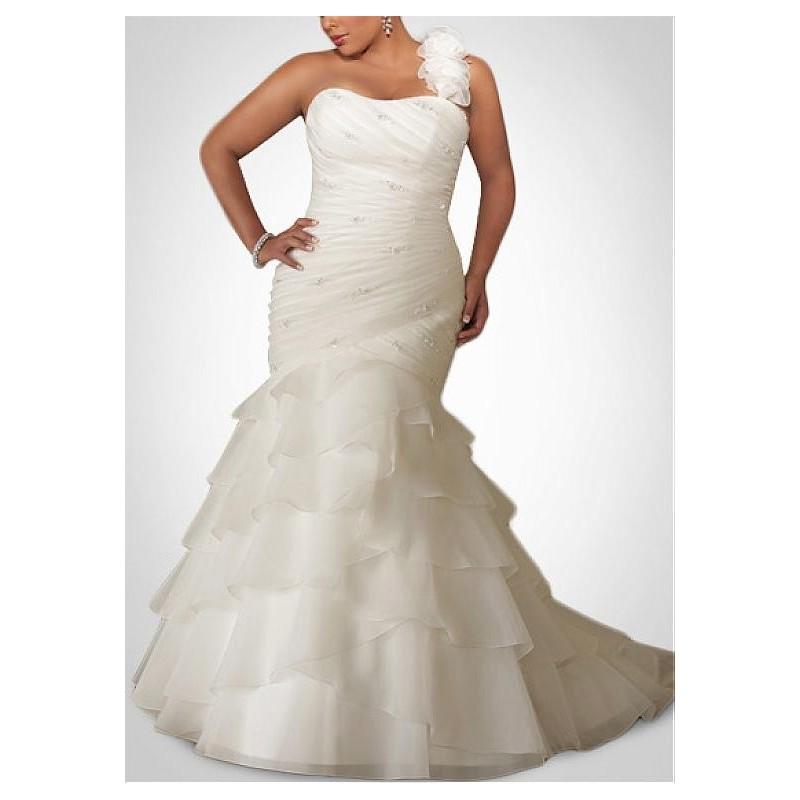 Mariage - Gorgeous Organza Satin Mermaid One Shoulder Neckline Plus Size Wedding Dress With Beadings - overpinks.com